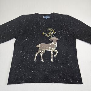 Karen Scott Womens XL Christmas Sweater Black Sequin Reindeer Holiday Party Fun